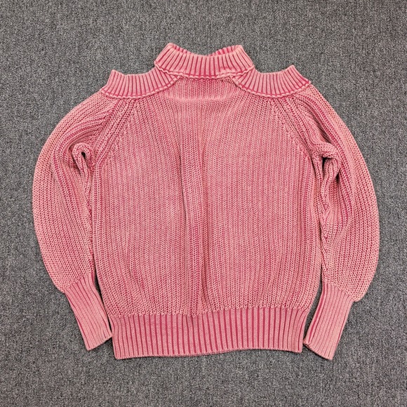 Free People Boho Cold Shoulder V-Neck Sweater XS Pink Cotton Ribbed Chunky Knit — photo 2